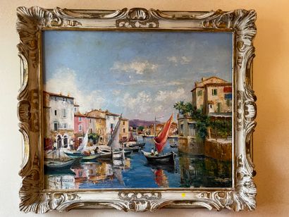 null Charles GIRAUDON, View of a port, oil on panel, signed lower left. Height: 52,5...