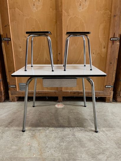 null Table and pair of stools in formica, tubular metal base. We joined a clock.