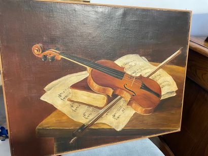 null School of the XXth century, Still life with violin and music scores, oil on...