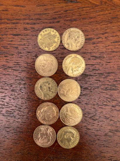 null Lot of ten 20 Francs gold coins (worn). SOLD BY DESIGNATION