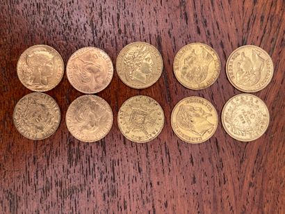 null Lot of ten 20 Francs gold coins (worn); SOLD ON DESIGNATION