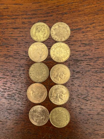 null Lot of ten 20 Francs gold coins (worn). SOLD BY DESIGNATION