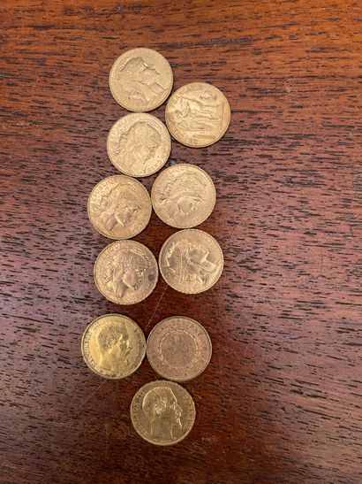 null Lot of ten 20 Francs gold coins (worn). SOLD BY DESIGNATION