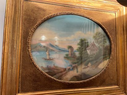 null Paire de pastels à vue ovale à décor de paysages lacustres animés, XIXème siècle....
