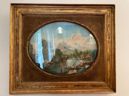 null Paire de pastels à vue ovale à décor de paysages lacustres animés, XIXème siècle....