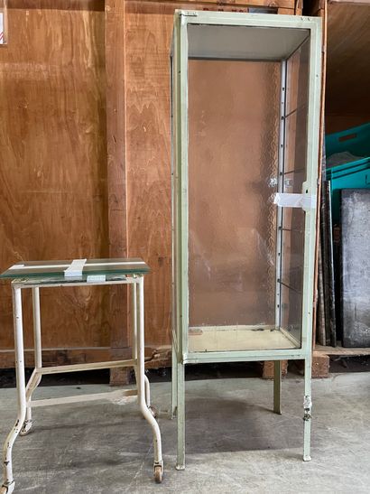 null Lot including: a glass display case, all faces, light green painted metal uprights....