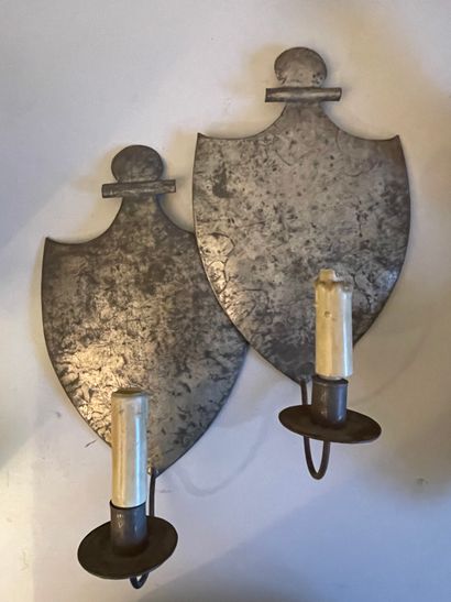 null Lot: pair of metal sconces, pair of wrought iron sconces, modern turned wood...