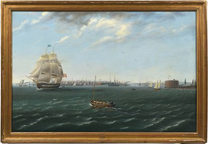 null American school circa 1830 . ships at the entrance of a port. Oil on canvas...