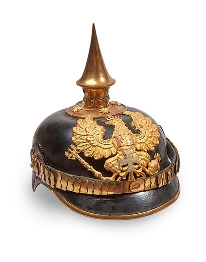 null Helmet with point model 1895 of Prussian reservist officer. Patent leather bomb....