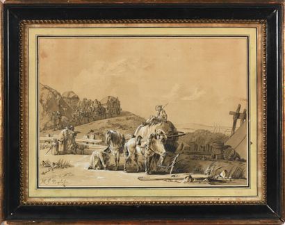 null Michel Hamon DUPLESSIS (act.c.1791-c.1799). Convoi de paysans. Plume, lavis...