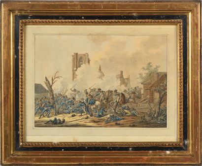 null Dirk LANGENDYK (1748-1805). Cavalry Shock in Front of a Church. Watercolor on...