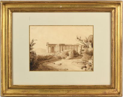 null Jean-Baptiste LE SUEUR (1794-1883), Roman Temple. Bistre wash on paper, signed...