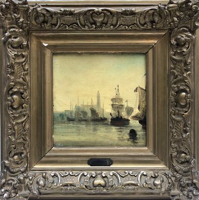 null French school of the XIXth century. Entrance to a port. Oil on isorel, trace...