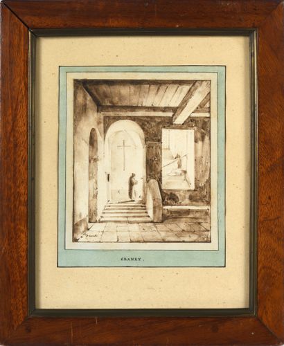 null François-Marius GRANET (1775-1849), Intérieur monastique. Lavis sur papier,...