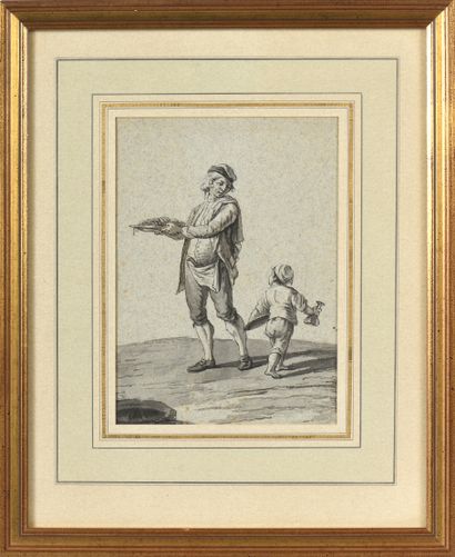 null French school XVIIIth. Fisherman and his son, Cook and his son. Pair of washes,...