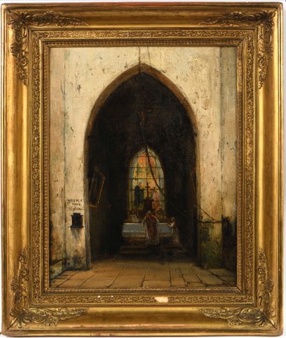 null Charle-Marie BOUTON (1781-1853) (attribué à), Office dans la chapelle. Huile...