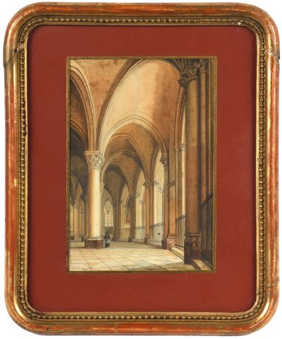 null Léon DAVID (1876-1944), Interior of a cathedral. Watercolor on paper, signed...