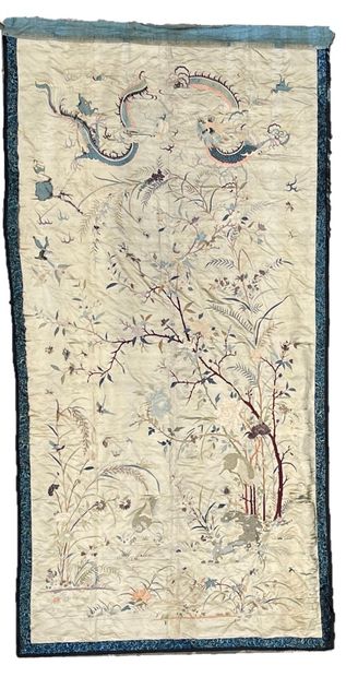 null A large polychrome embroidered silk fabric on ivory background decorated with...