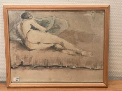 null Modern school. Naked woman lying down, watercolor on paper, signed lower left...
