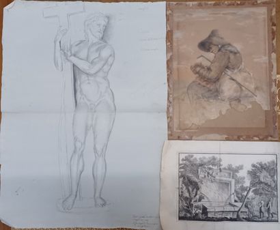 null Lot of drawings: Academy, Landscape with a fountain, Study of a stained glass...