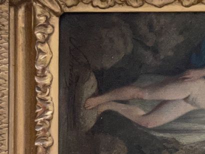 null Théodore Frédéric SALMON (1811-1876). Femme nue dans un paysage. Huile sur panneau,...