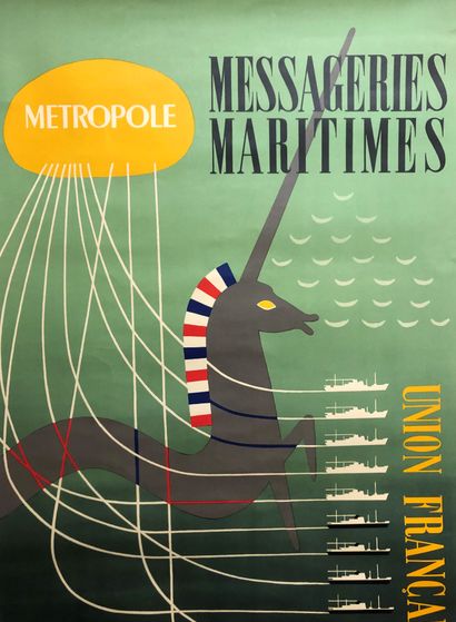 null POSTER. Les Messageries Maritimes, Métropole, Union Française, signed Poulain....