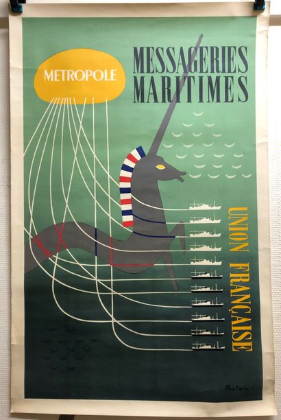 null POSTER. Les Messageries Maritimes, Métropole, Union Française, signed Poulain....