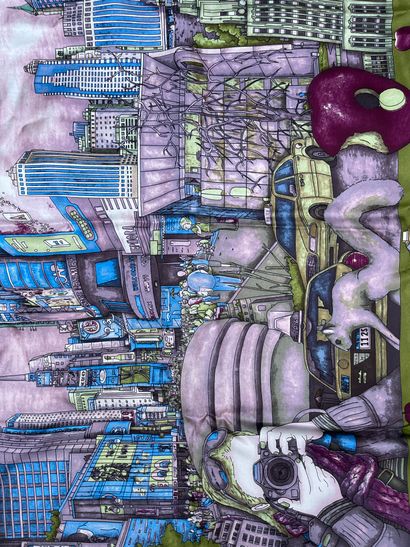 null Etole en soie imprimée à décor d'une scène urbaine à New York par Adam Cristobal...