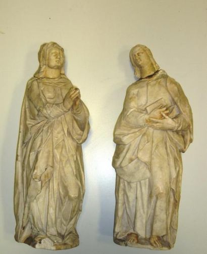 null Vierge et saint Jean, deux sculptures en marbre sculpté. Travail Allemand du...