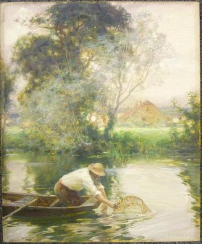 Jules-Alexis MUENIER (1863-1942), le pêcheur d'anguilles, huile sur toiel signée...