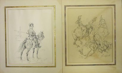 Lucien SERGENT (1849-1904), Cavalier, Chocs de cavalerie, deux dessins à l'encre...