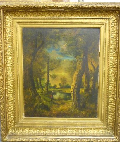 Paul VERNON (1796-1875), Mare en forêt, huile sur panneau d'acajou signé en bas à...