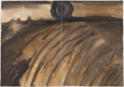 TANG HAYWEN (1927-1991) Diptyque ocre, acrylique sur papier, 70 x 100 cm