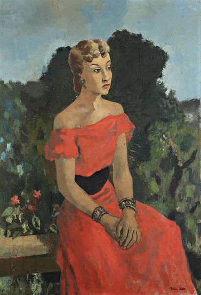 Roland OUDOT (1897-1981) La Robe Rouge, huile sur toile signée. 130 x 89 cm