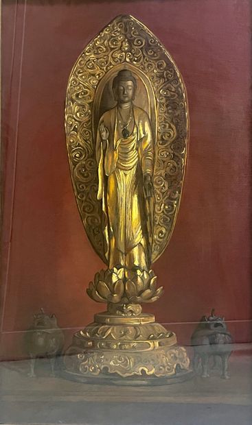 null CAZUA (20th). Standing Buddha inscribed in a mandorla. Pastel on paper signed...