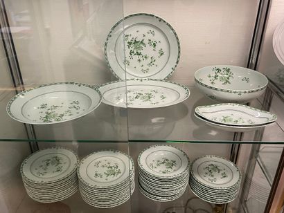 null RAYNAUD LIMOGES. White porcelain dinner service with green monochrome decoration...