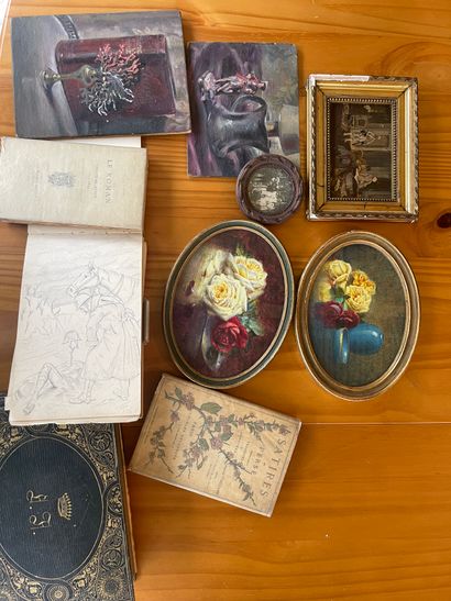 null Small lot of framed pieces including watercolors Bouquets, interior scenes in...