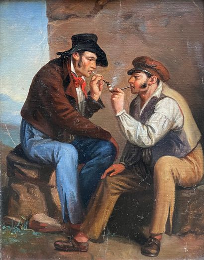 null Spanish school, 19th century. Pipe smokers. Oil on panel. 26.5 x 21.5 cm (slightly...