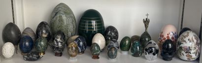 null Collection of eggs in hard stone, wood, glass, cloisonné...A large glass is...