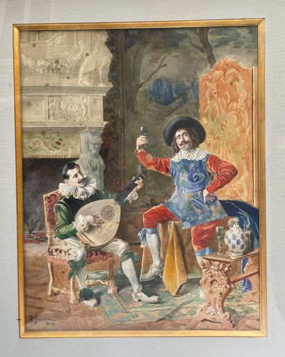 null Bernard Louis BORIONE (1865-?): Musketeers drinking and singing. Watercolor...