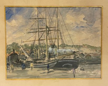 null Modern School. View of a port with three masts. Watercolor on paper, illegibly...