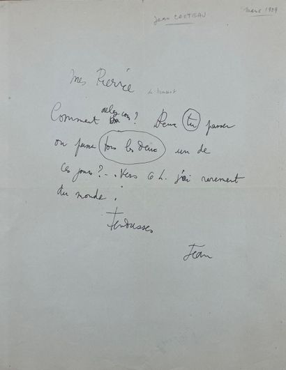 null Jean COCTEAU (1889-1963). Handwritten letter signed Jean Cocteau and dated March...