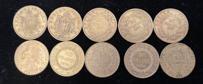 null Ten 20 franc gold coins, five of them Napoleon III (worn)