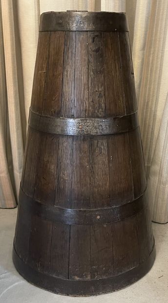 null Wooden churn with metal rings. Folk art. Height: 62 cm