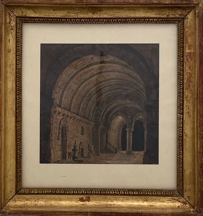 null French school, 19th century. Cloister. Pen and watercolor on paper. 13 x 13...