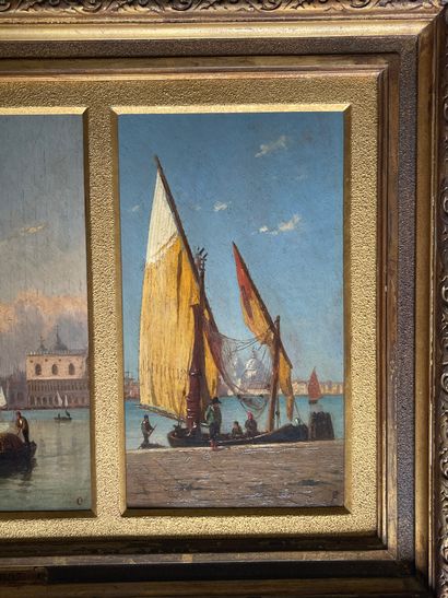 null 19th century school. Views of Venice. Set of three oil on panels monogrammed...