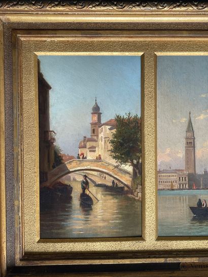 null 19th century school. Views of Venice. Set of three oil on panels monogrammed...