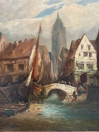 null A. DE GERVILLE (XIX-XX). Lively village scene. Oil on canvas, signed lower left....