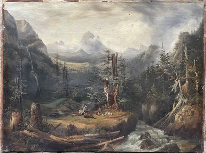 null Alpine school, 19th century. The mountain halt. Oil on canvas. 69 x 92 cm (as...