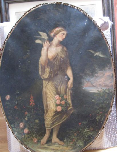 null Ecole FRANCAISE XIXème, Femme à la colombe, huile sur toile ovale, avec cadre...